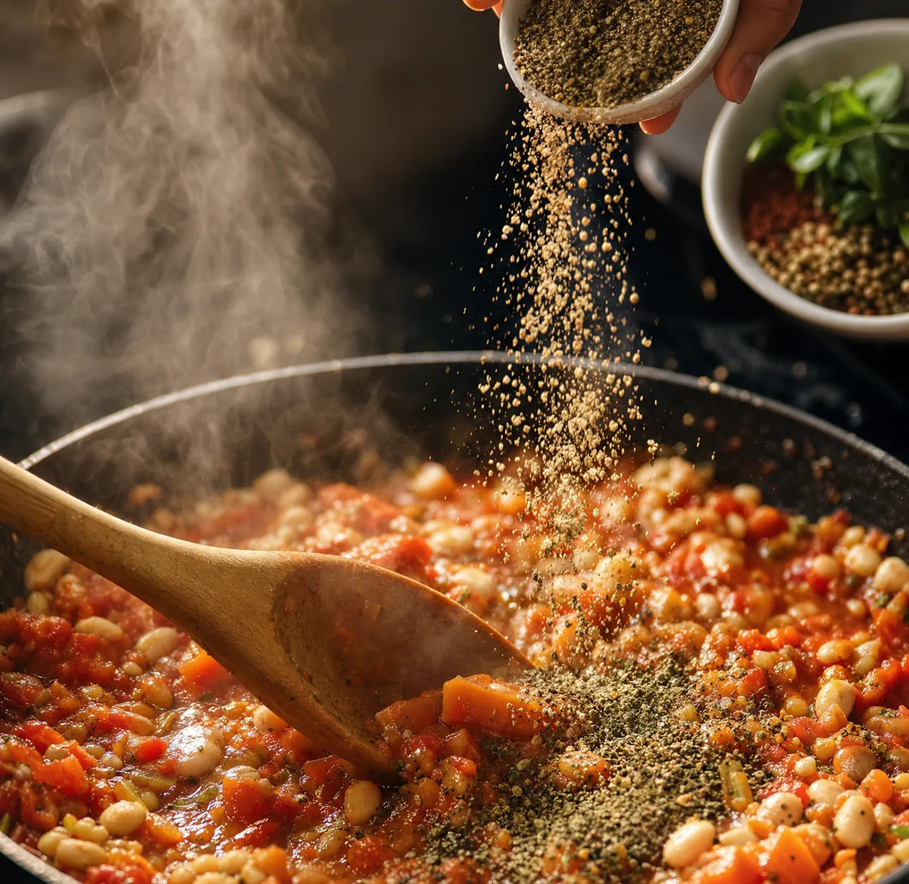A wooden spoon stirring a pan of tomato and white bean stew while herbs are sprinkled over it